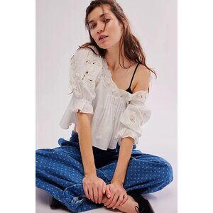 Free People Sophie Embroidered Blouse Puff Sleeve Lace Top M NEW